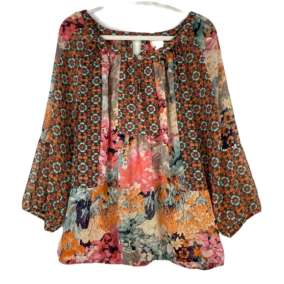fig and flower Tops - Fig & Flower Printed Women’s Blouse Size XL EUC Lightweight Breezy Semi-sheer
